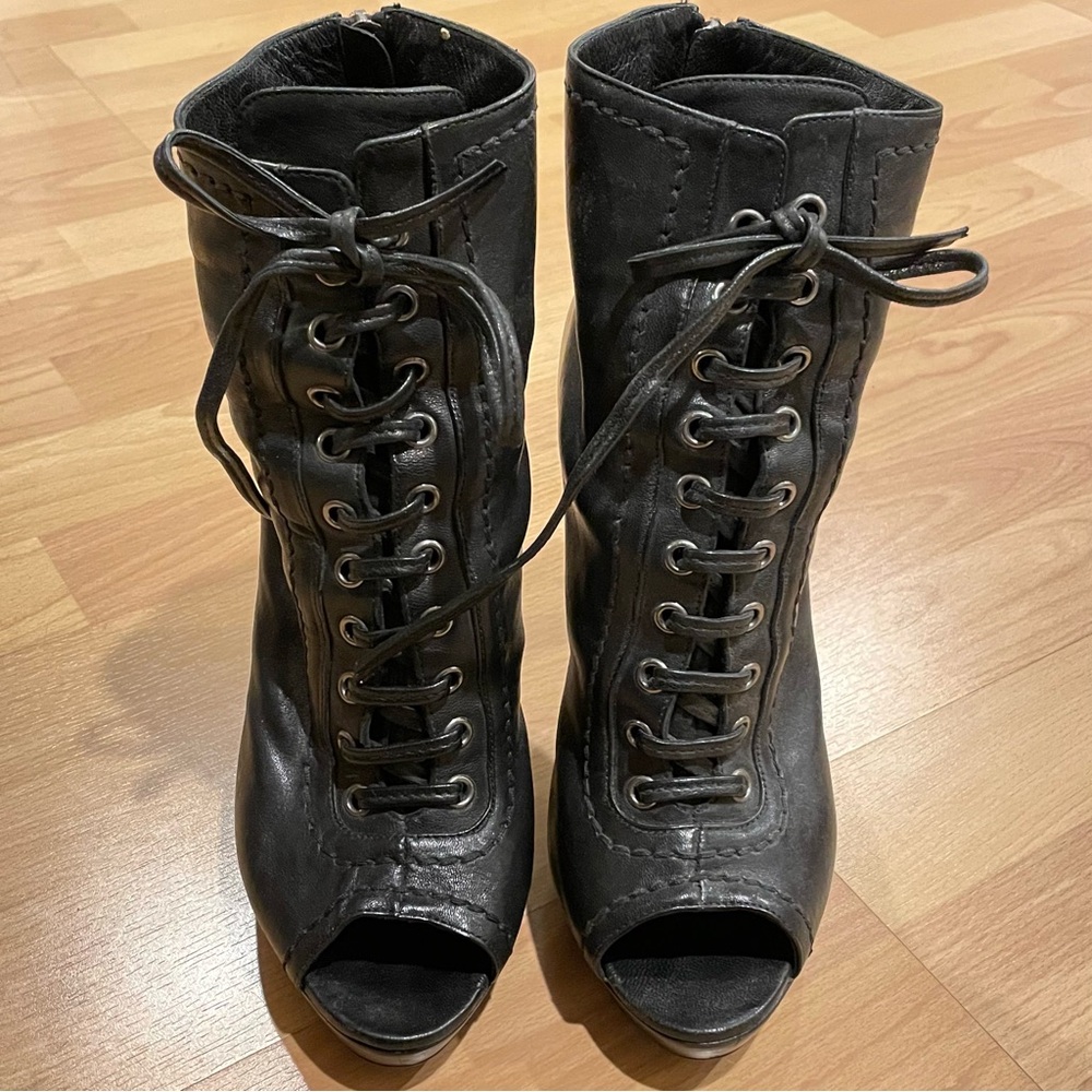 EUC Miu Miu 5” Lace-Up Peep-toe Zippered Heeled Booties, Black, Sz 8.5 / 39 - Picture 3 of 8